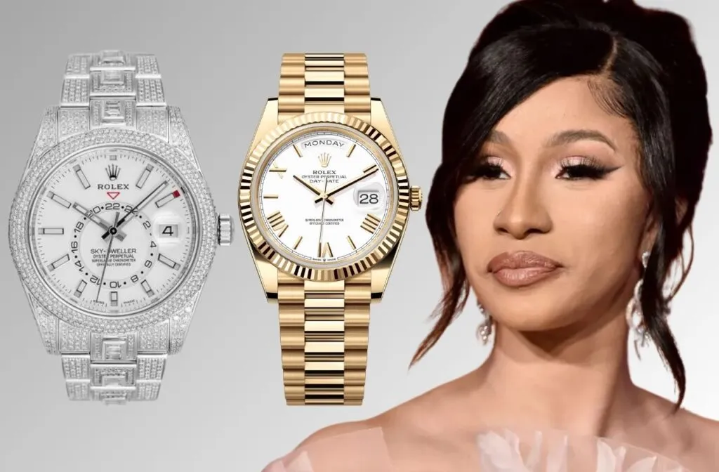 Cardi B wearing custom diamond Rolex Datejust — maximalist luxury