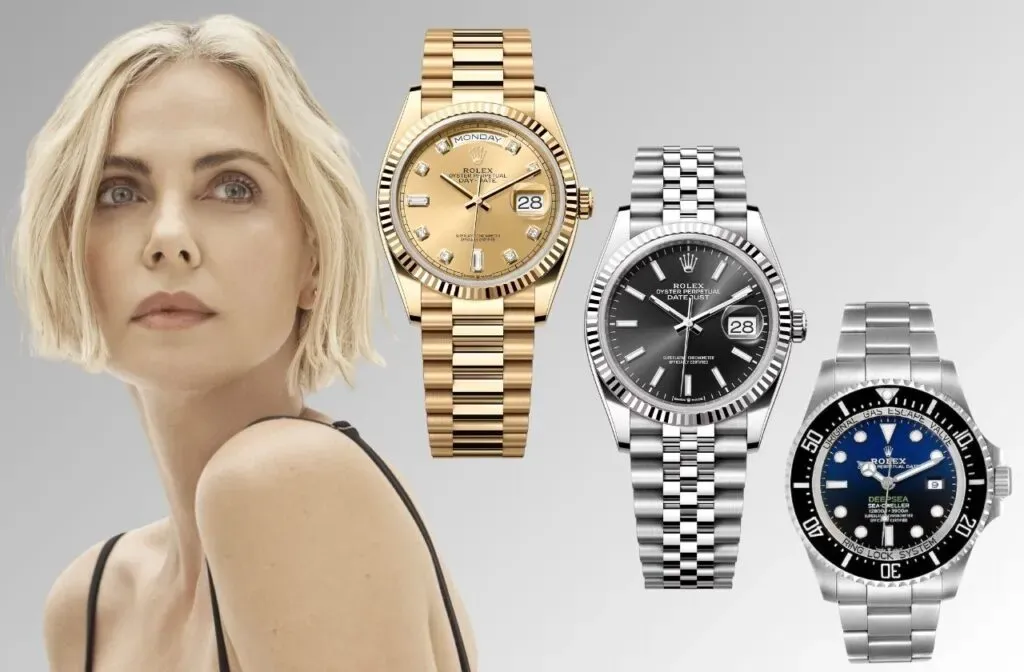 Charlize Theron wearing classic Rolex watch on the red carpet