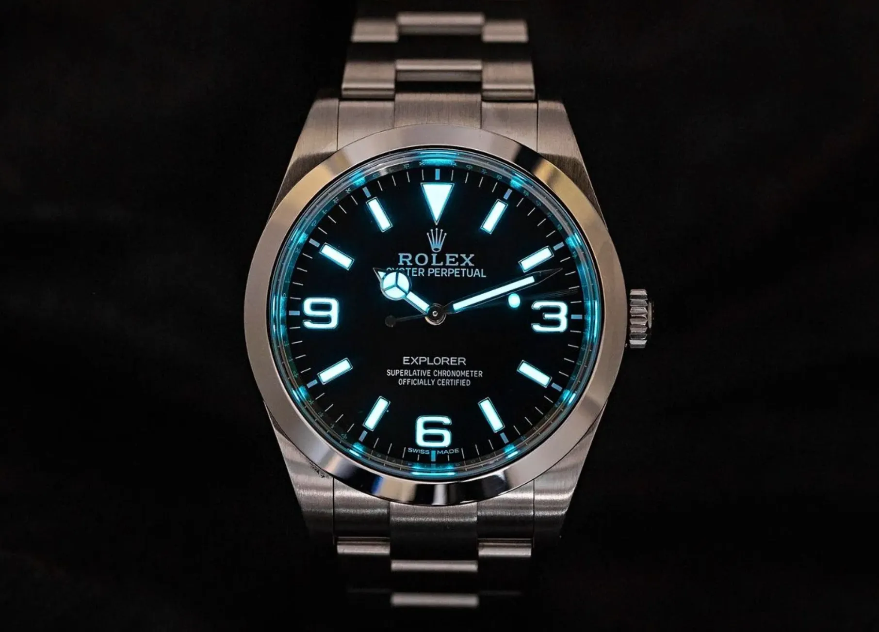 Rolex Explorer super clone showing Chromalight lume on dial