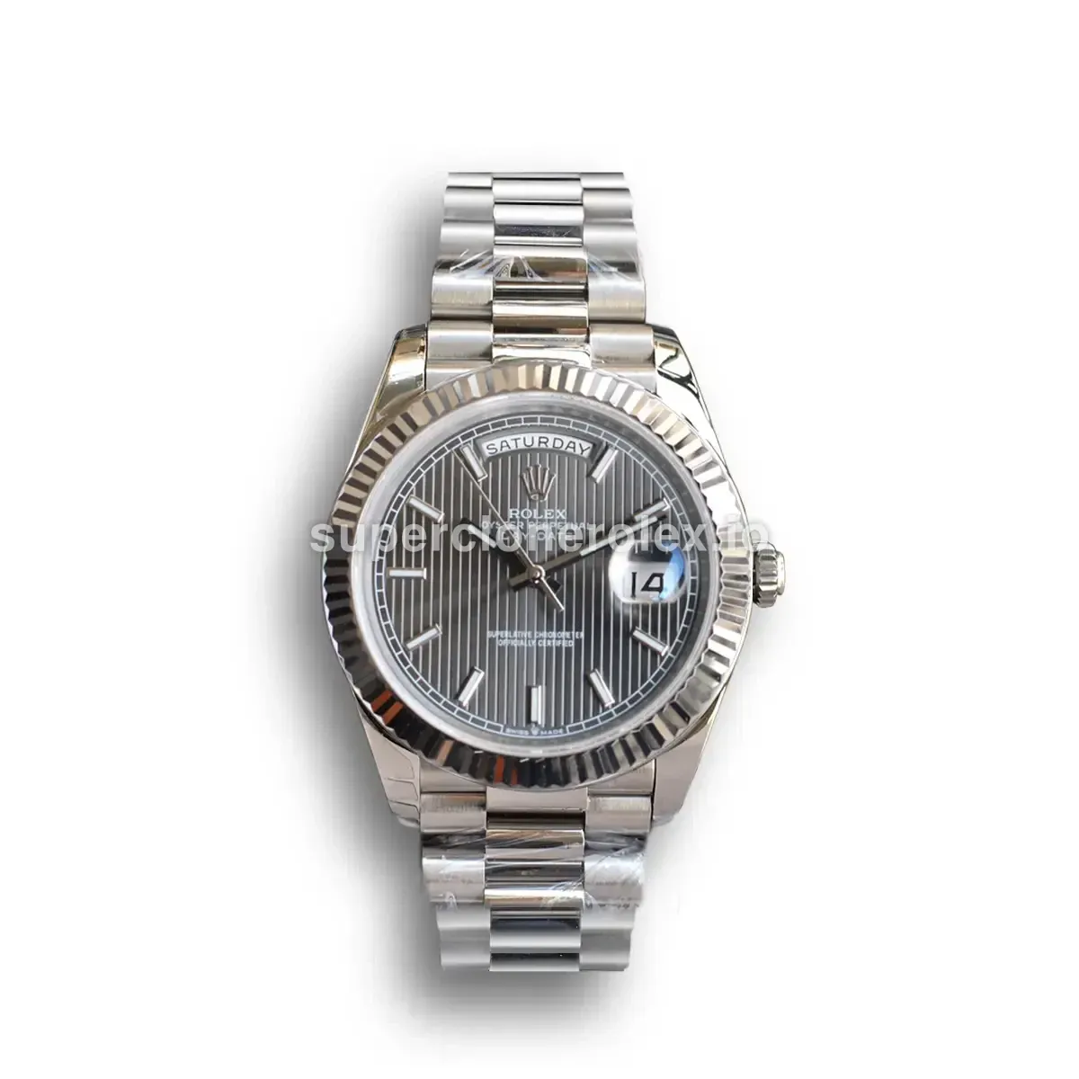 Day-Date 41985 rolex copy rhodium dial — front view