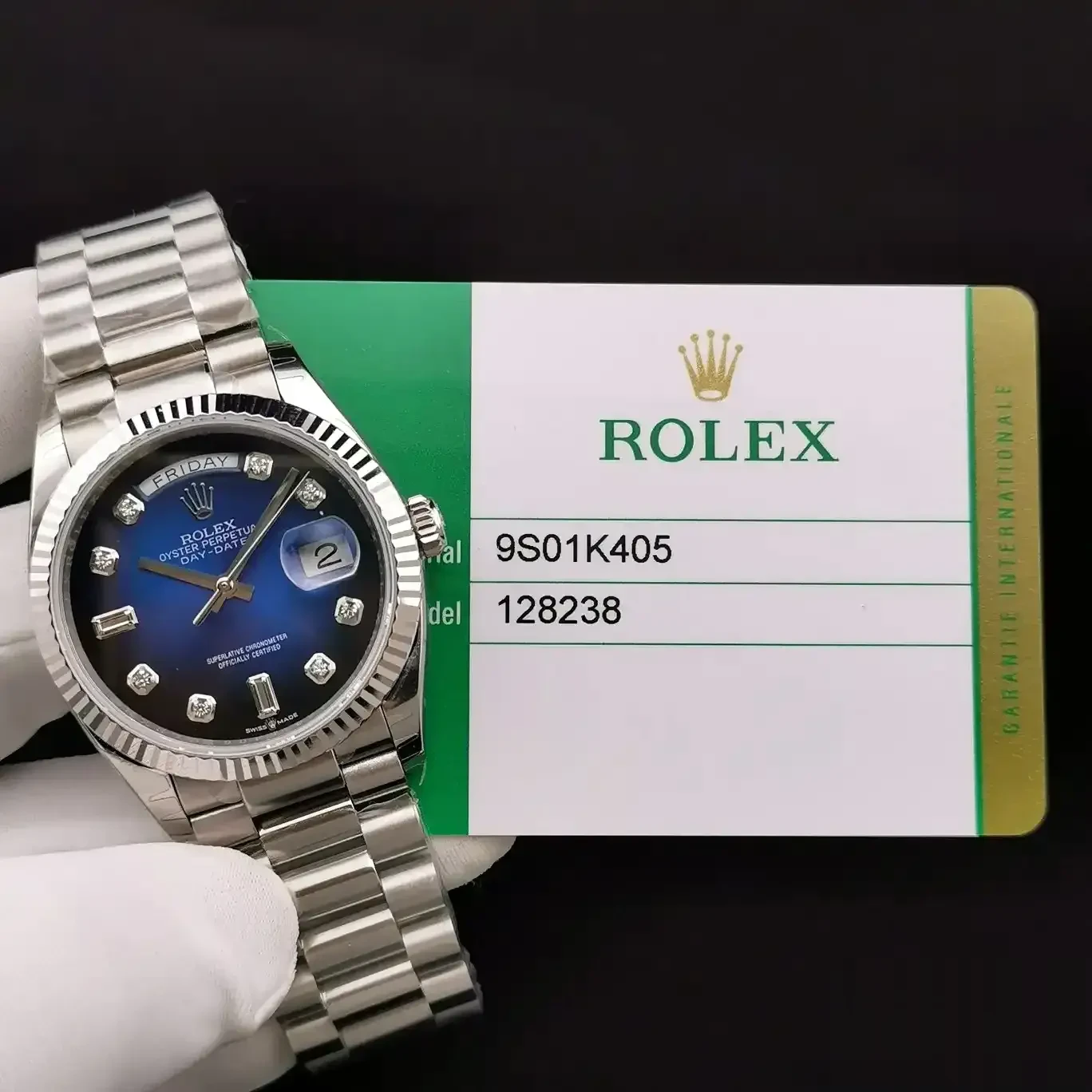 Rolex Day-Date 128238 replica blue dial — angled view