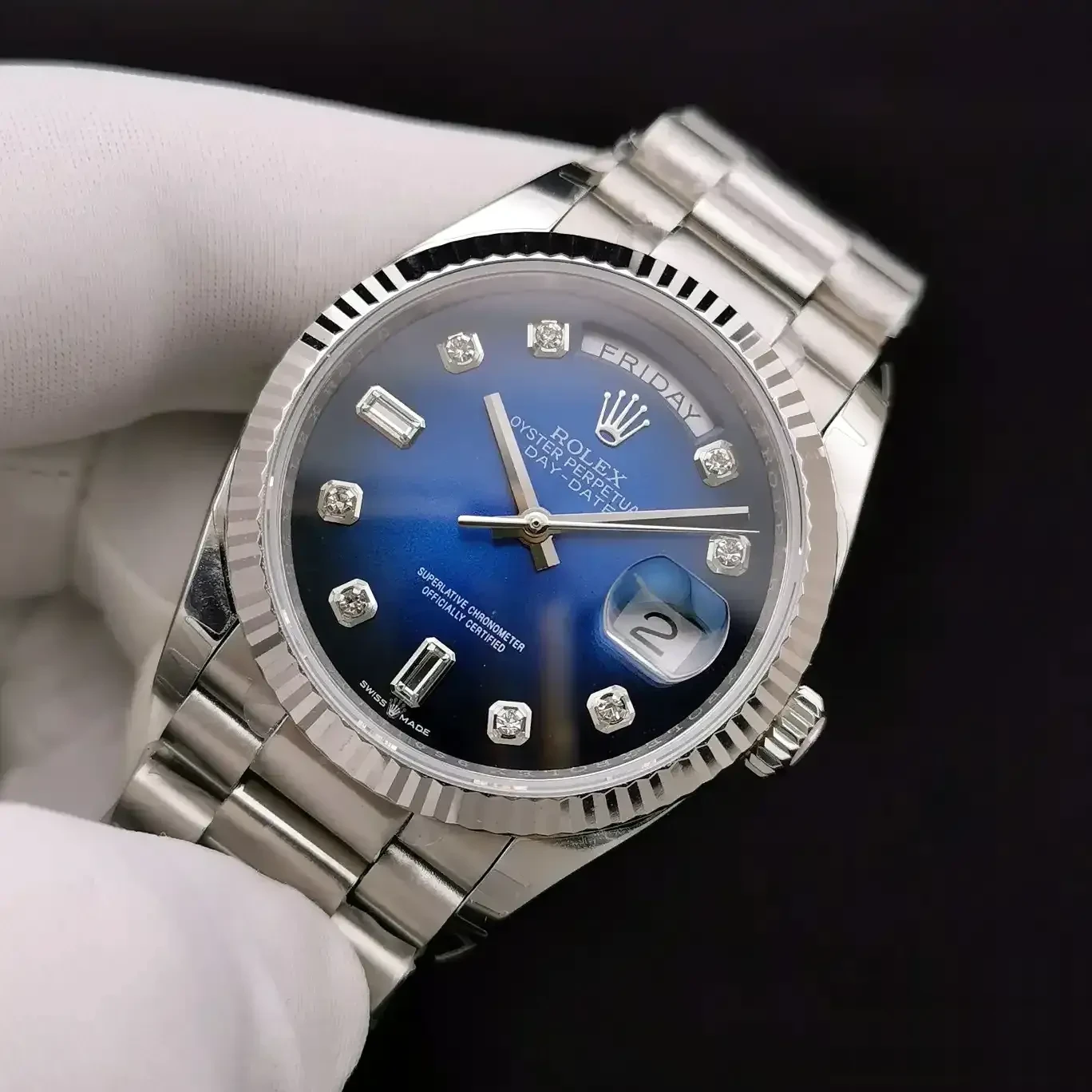 Rolex Day-Date 128238 replica blue dial — caseback detail