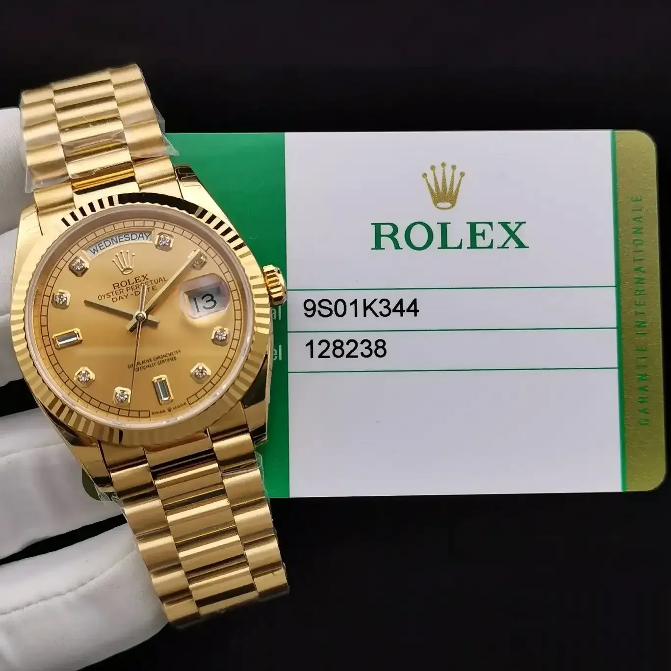 Rolex Day-Date 41985 rolex clone gold dial — angled view