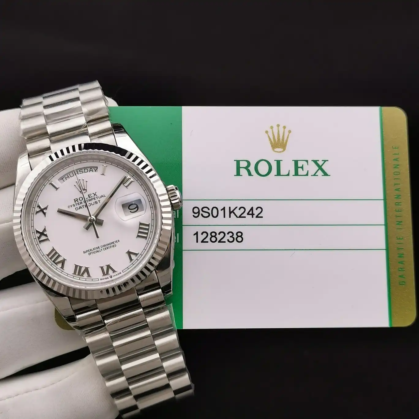 Rolex Day-Date 41985 replica mother of pearl dial — angled view