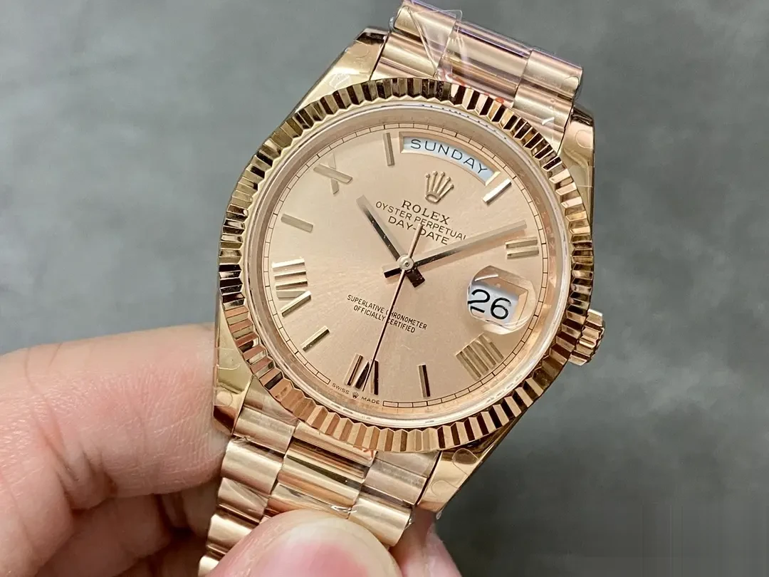 Rolex Day-Date 228235 replica black dial — bezel macro