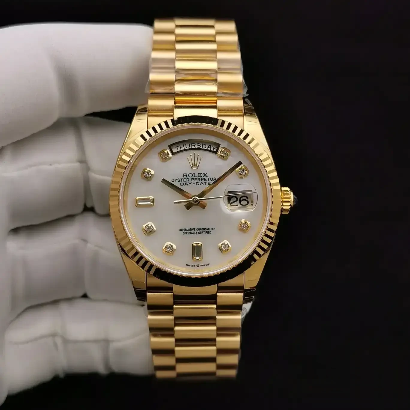 Day-Date 228239 rolex copy mother of pearl dial — bezel macro