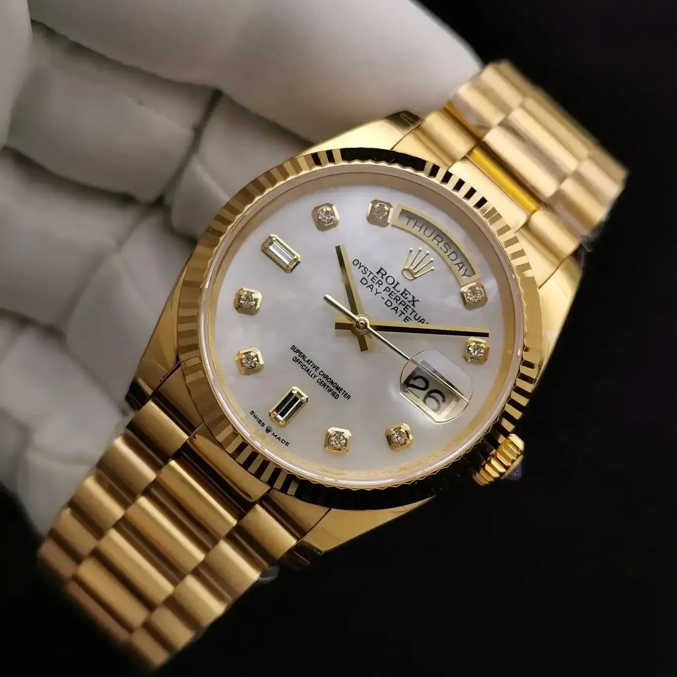Rolex Day-Date 228239 miyota replica 36mm — crown and case detail