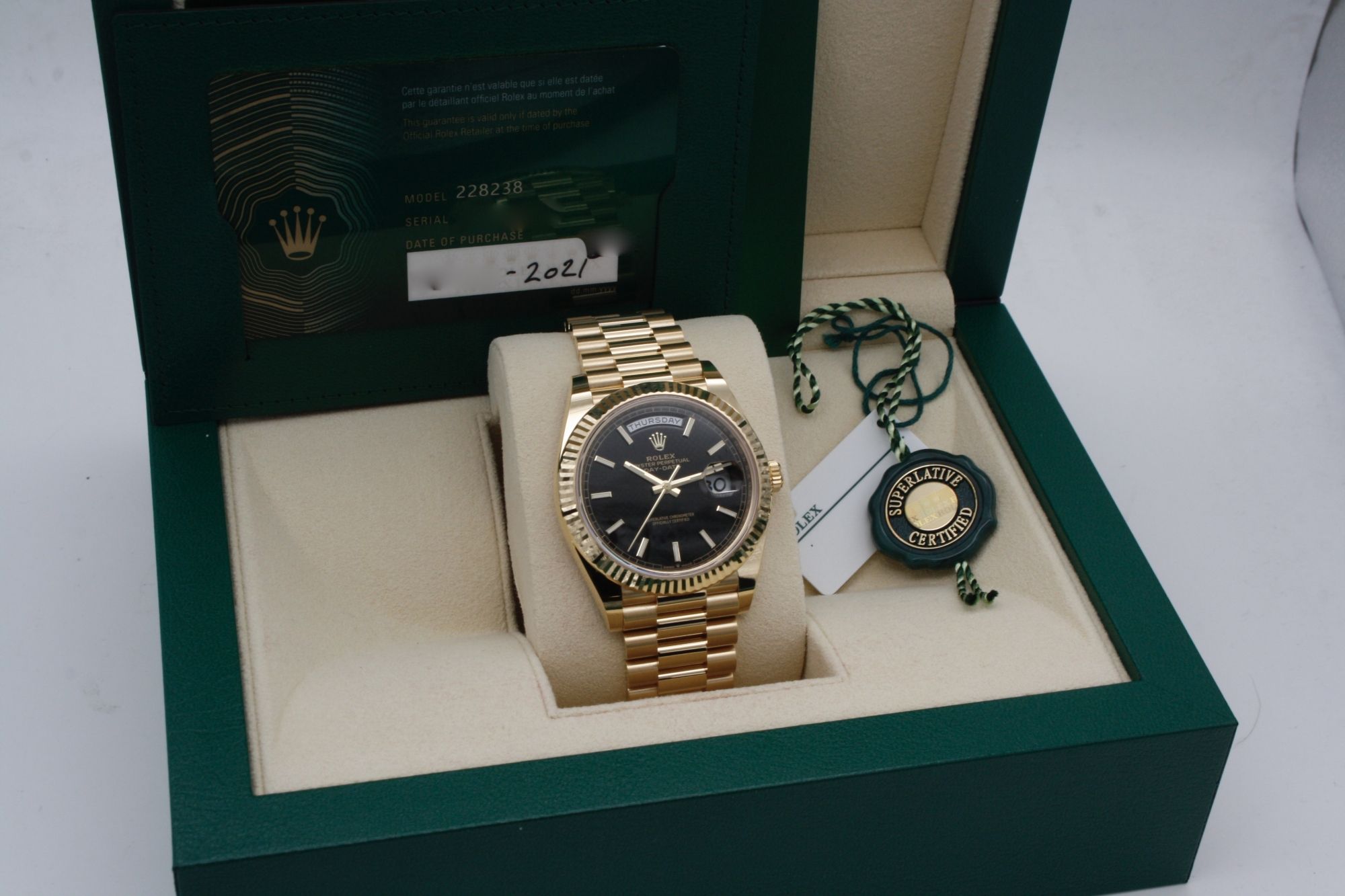Rolex Day-Date 228238 miyota replica black dial — angled view