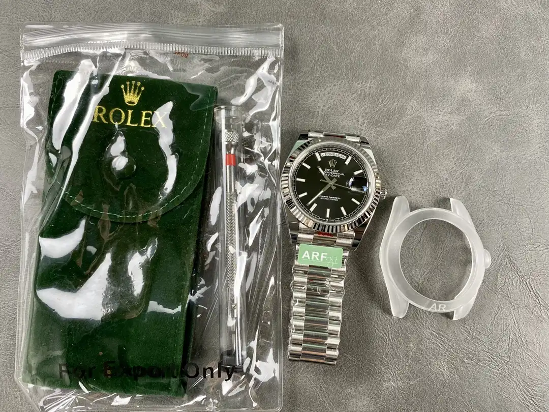 Day-Date 41985 rolex replica bright black dial — angled view