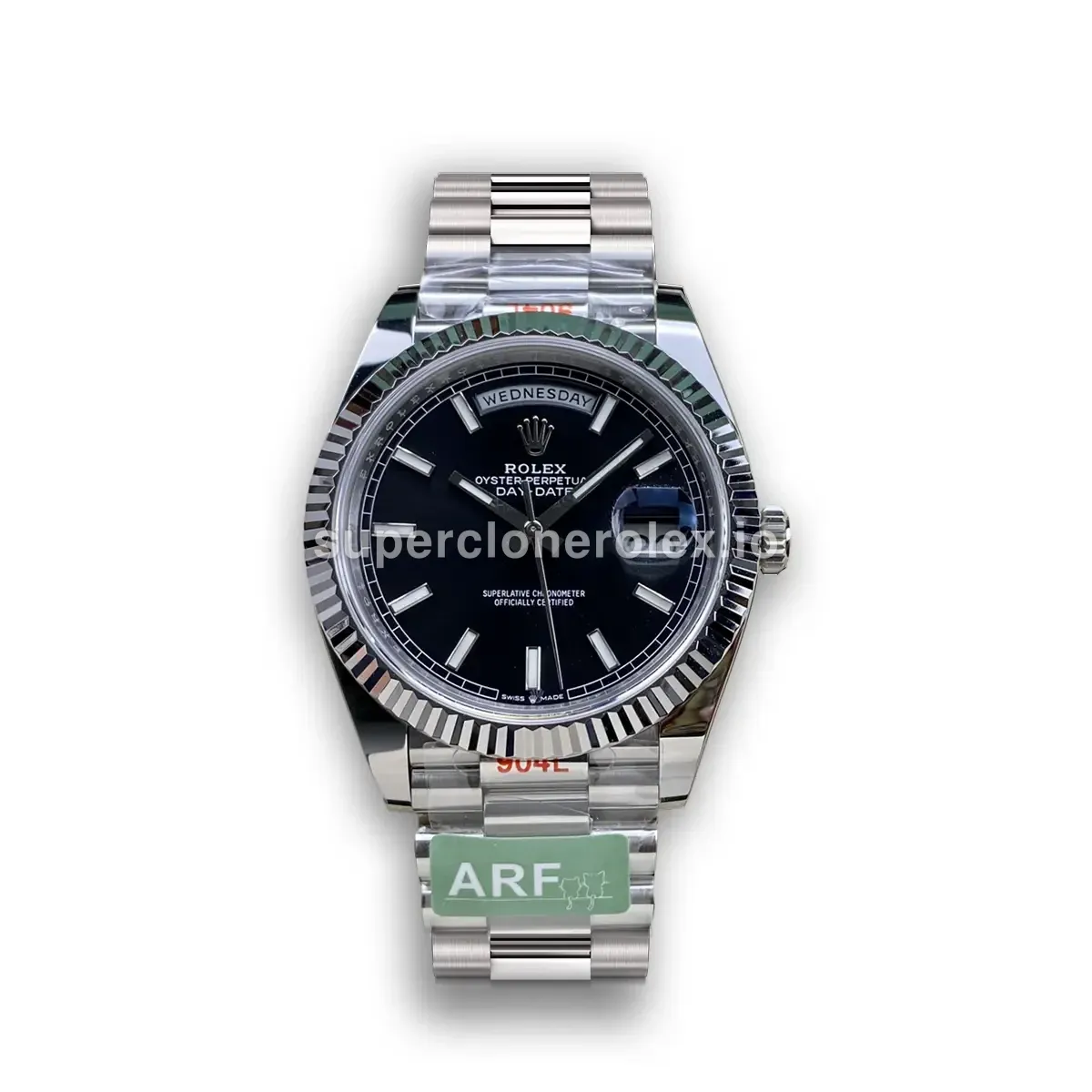 Rolex Day-Date 41985 miyota replica bright black dial — front view