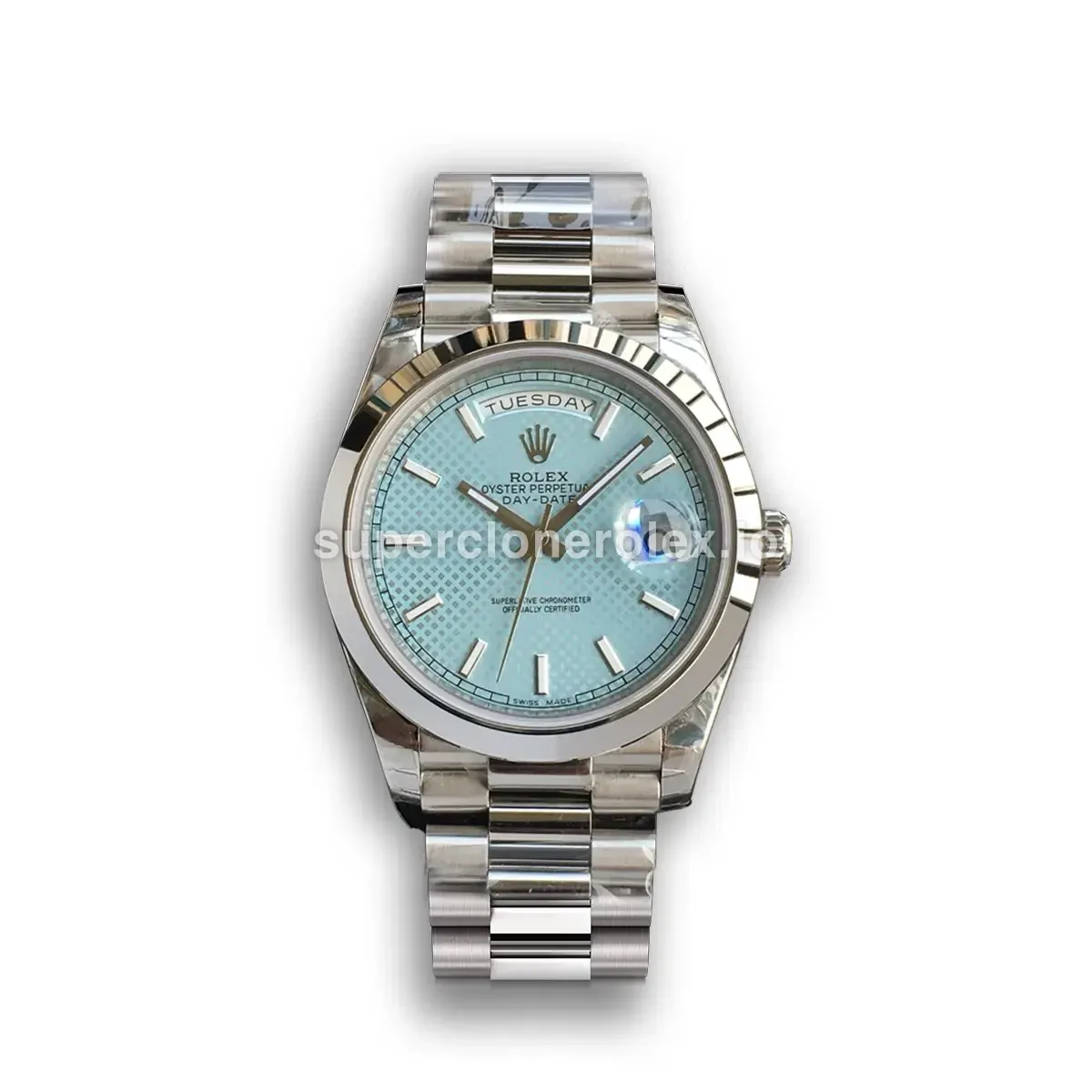 Rolex Day-Date 41985 miyota replica ice blue motif dial — front view