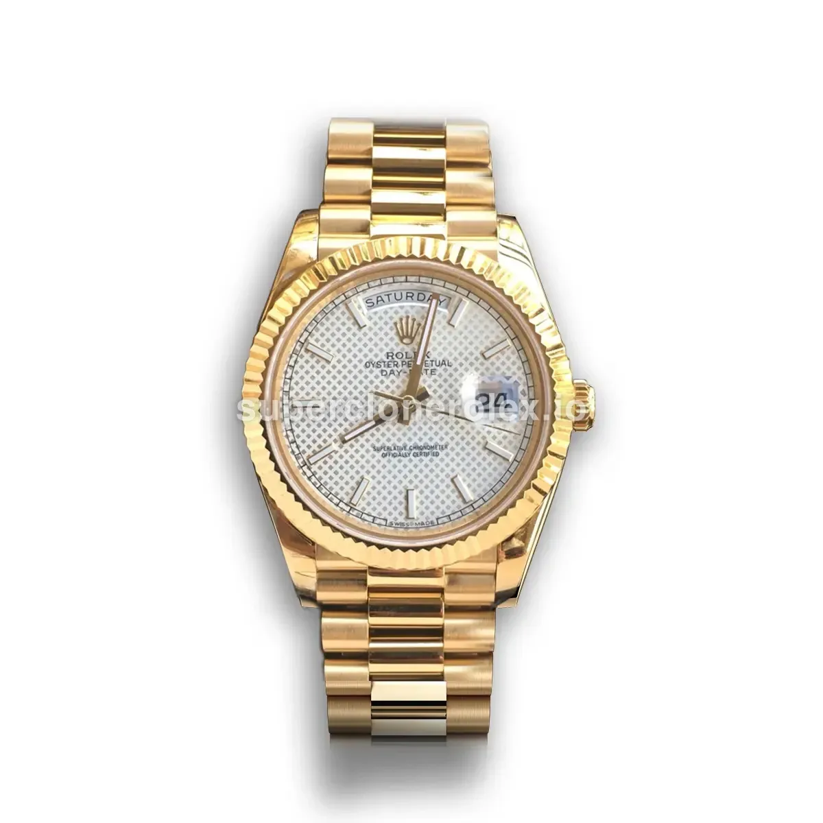 Day-Date 41985 rolex replica silver motif dial — front view