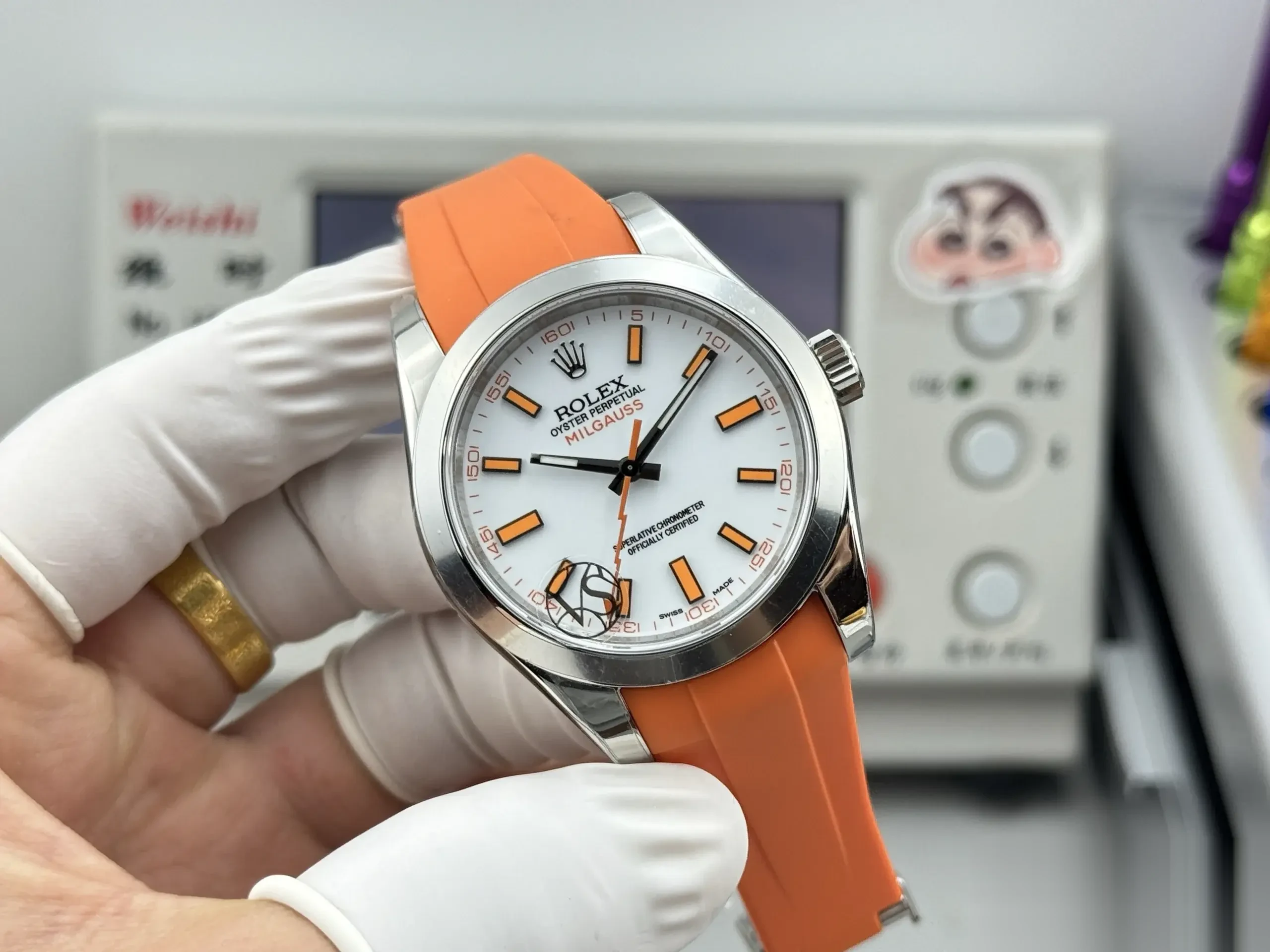 Milgauss 116400 rolex copy white dial — angled view