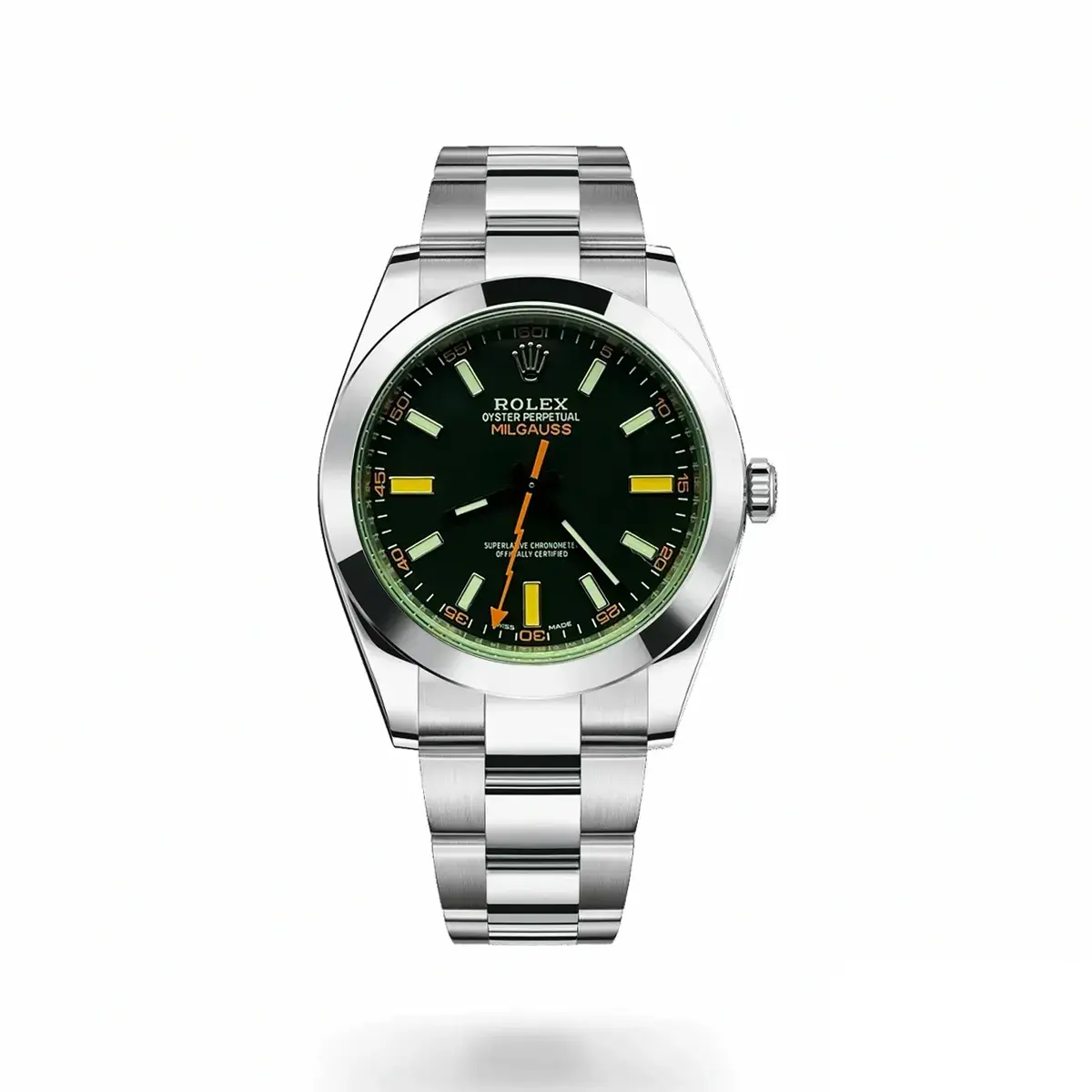 Milgauss 116400GV rolex copy black dial — front view