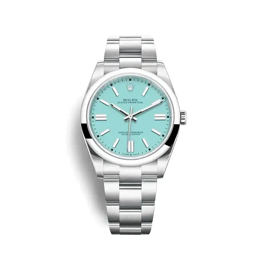 Oyster Perpetual 124300 rolex replica turquoise blue dial — front view