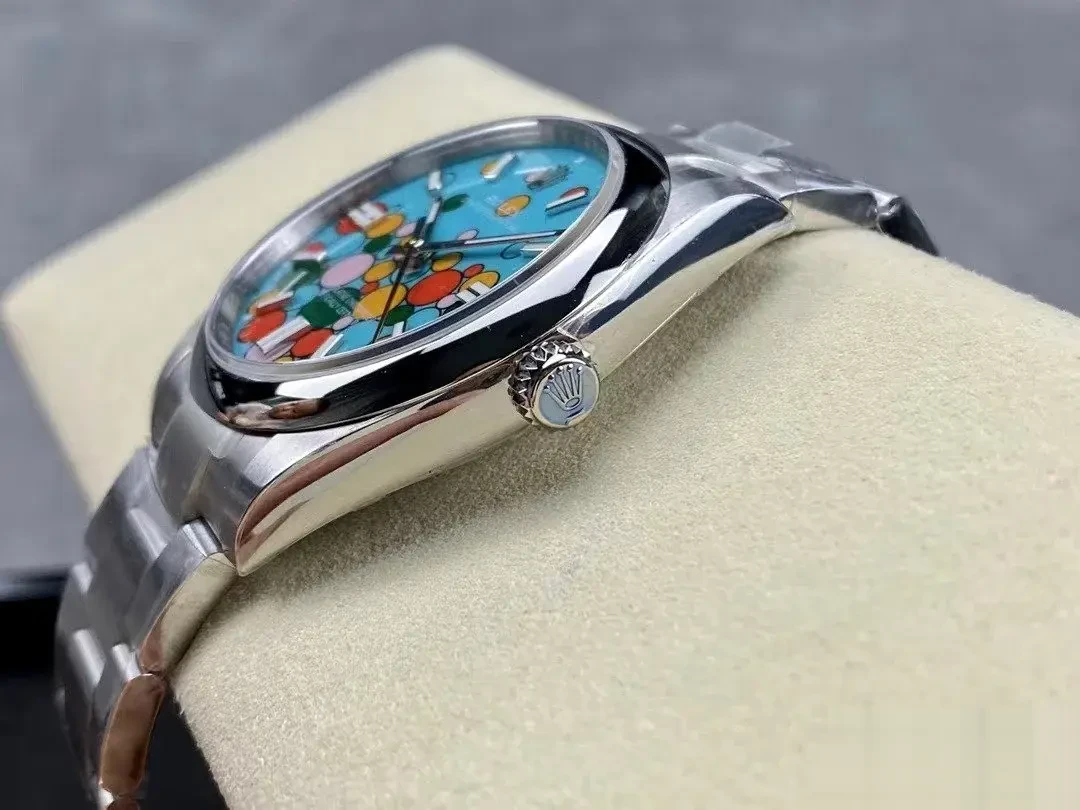 Rolex Oyster Perpetual 124300 replica turquoise dial — bezel macro