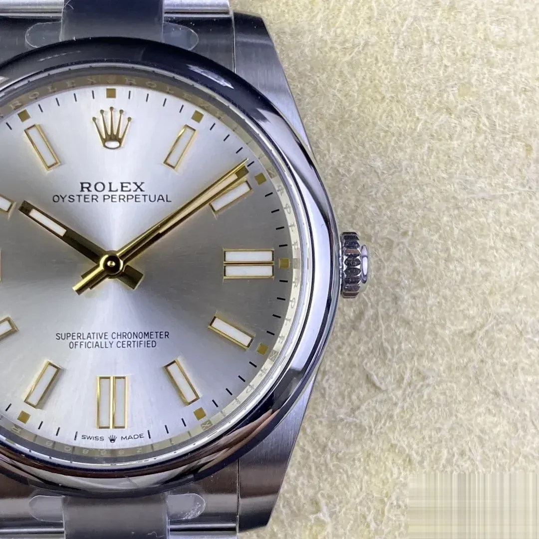 Rolex Oyster Perpetual 124300 rolex clone yellow dial — angled view