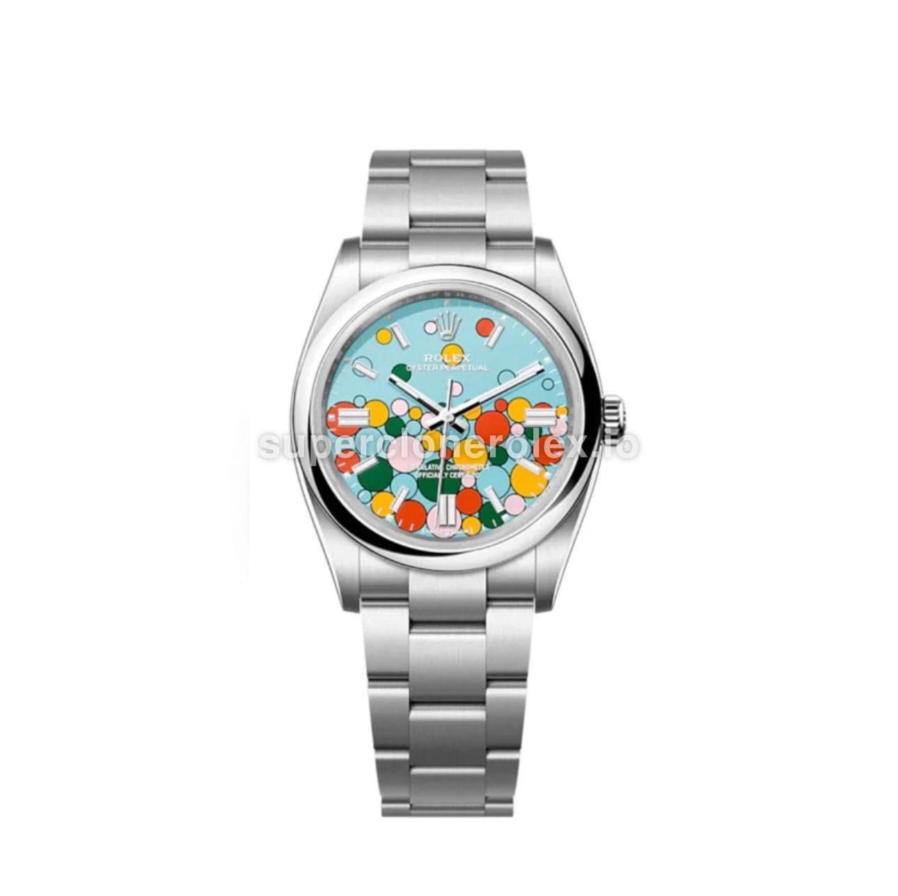Oyster Perpetual 126000 rolex copy celebration motif, turquoise blue dial — front view