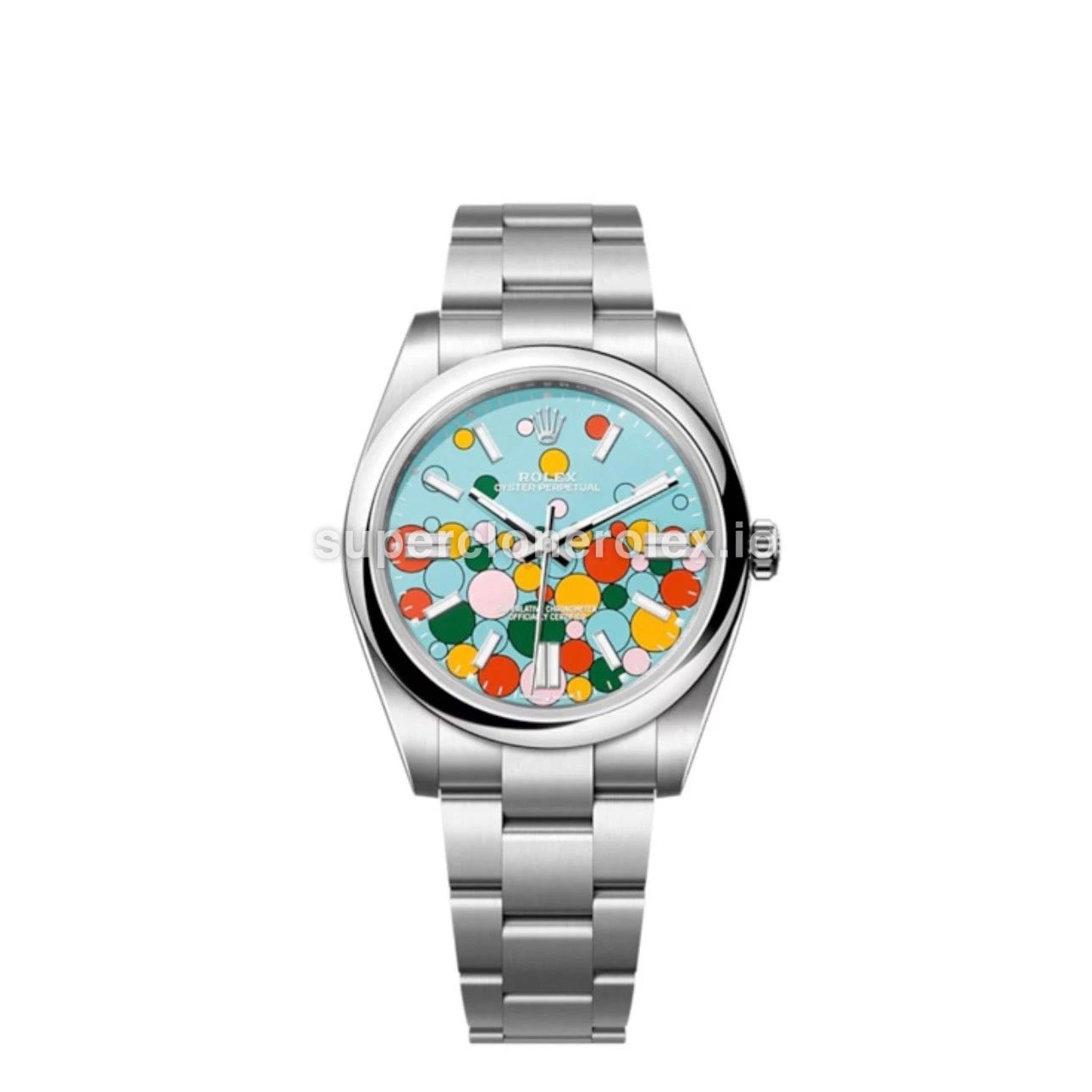 Rolex Oyster Perpetual 124300 replica celebration motif, turquoise blue dial — front view