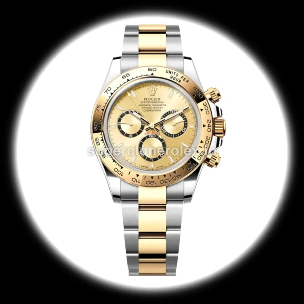 Daytona 126503 swiss super clone golden dial — front view