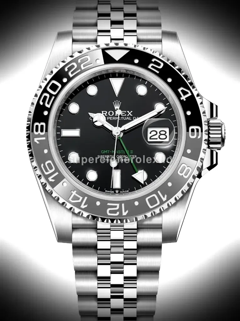 Rolex GMT-Master 126710GRNR Bruce Wayne swiss clone black dial — front view
